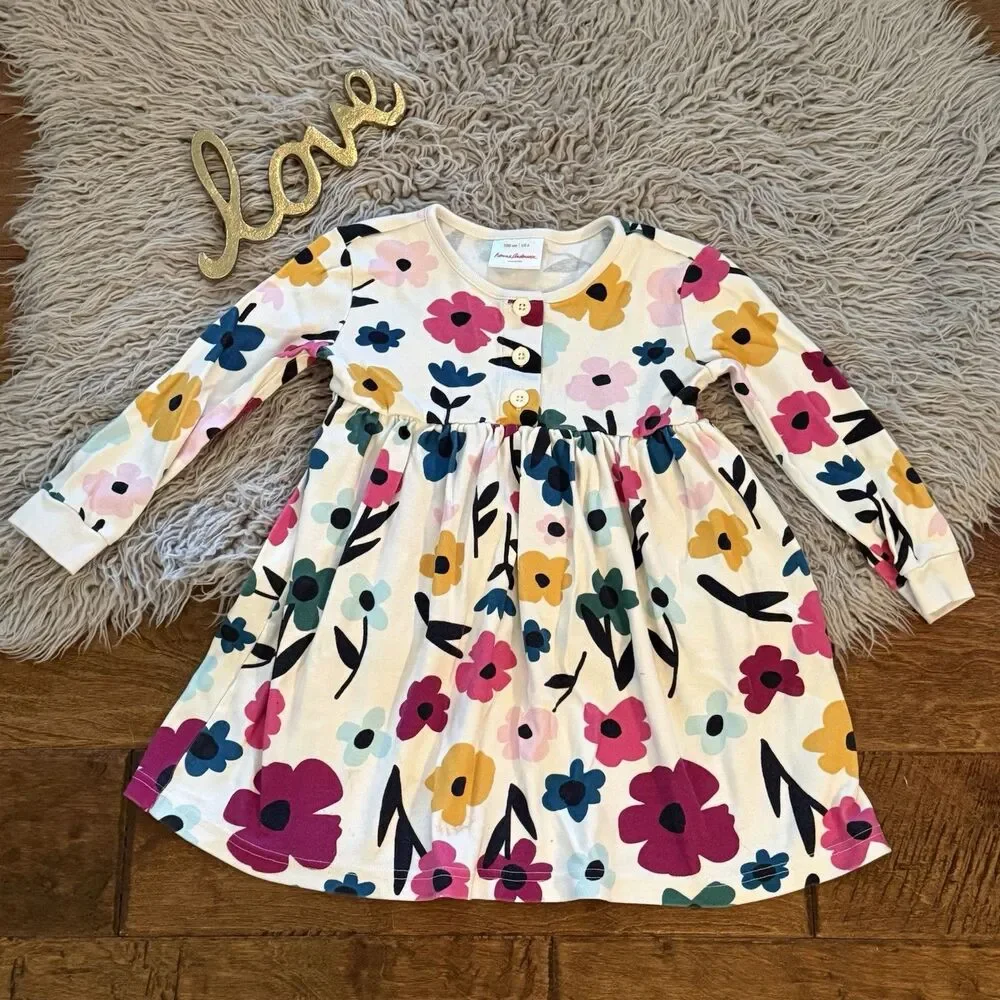 Hanna Andersson Ivory Floral Dress Size 110 4 Long Sleeve Boho Twirl Cotton Girl